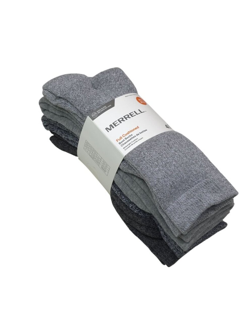 Merrell Full Cushioned Boot Socks M/L Wool Blend 4-Pack Midweight Gray Charcoal